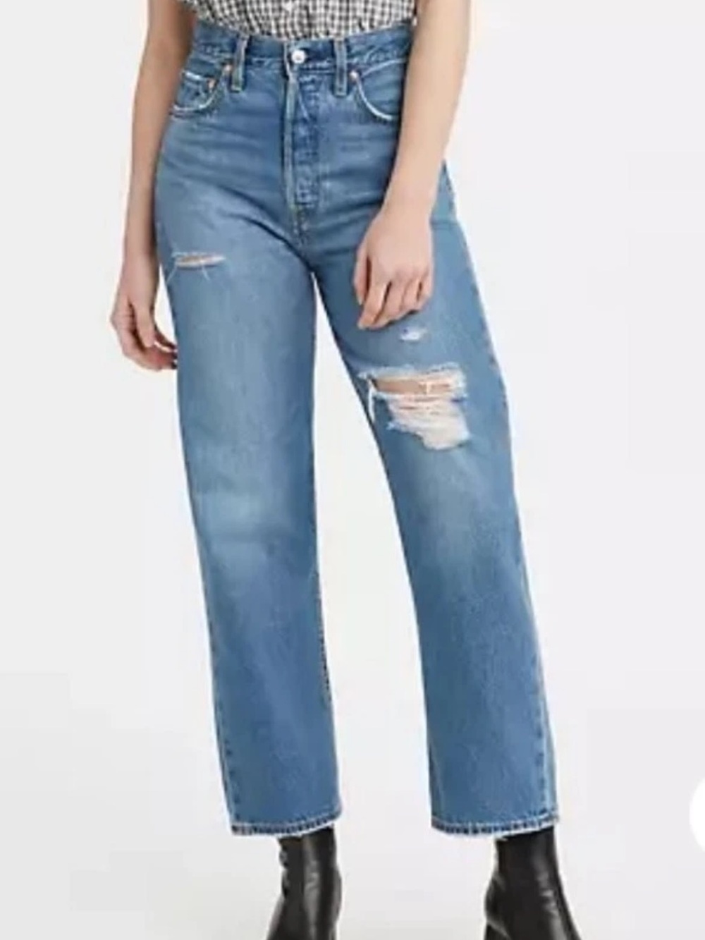 Levi's Ribcage Straight Ankle Medium Noe Wash Distressed Denim Jeans 30x27